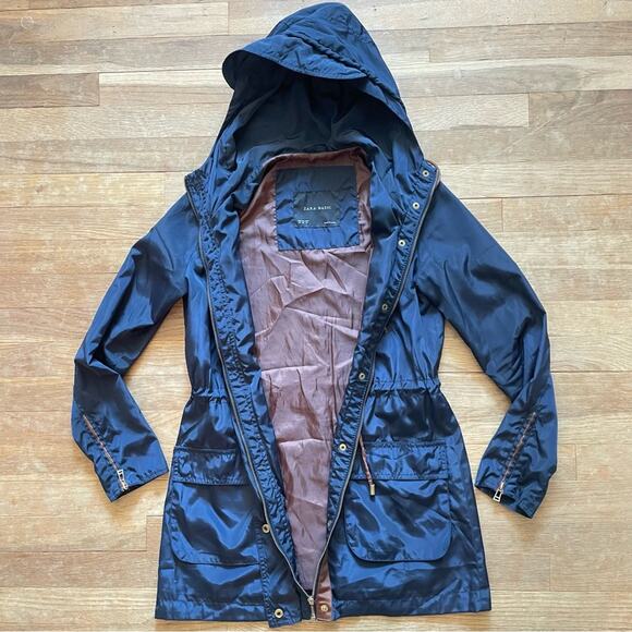 Zara navy blue hooded fall full zip windbreaker jacket size extra small XS b20 - Picture 3 of 6
